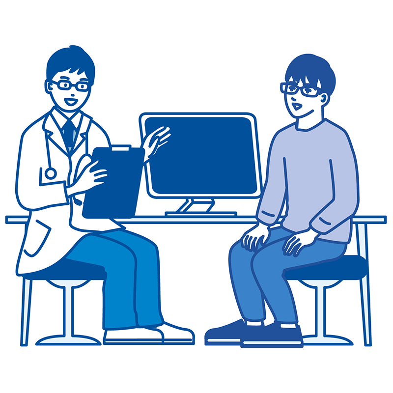 医師による診察で「負担の少ない手術で鼠径部ヘルニアが治る」と知り、前向きな気持ちで手術を決意する男性のイラスト